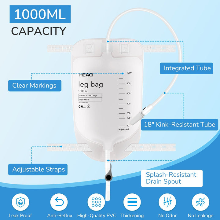 Heagi 10 Pack 1000ml Catheter Leg Bags, Urinary Drainage Bag with Anti Reflux Valve 18” Tubing and Adjustable - HEAGI - Colostomy bags Supplies