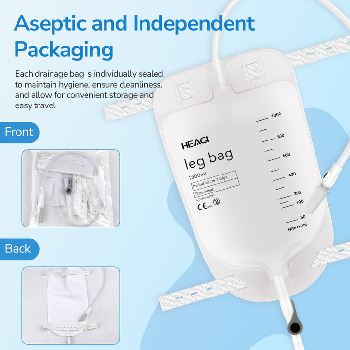 Heagi 10 Pack 1000ml Catheter Leg Bags, Urinary Drainage Bag with Anti Reflux Valve 18” Tubing and Adjustable - HEAGI - Colostomy bags Supplies
